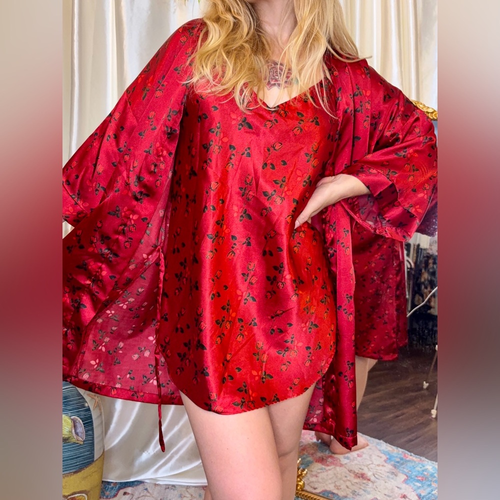 Private Moments Y2K Robe&Slip Set, Rose Print, M